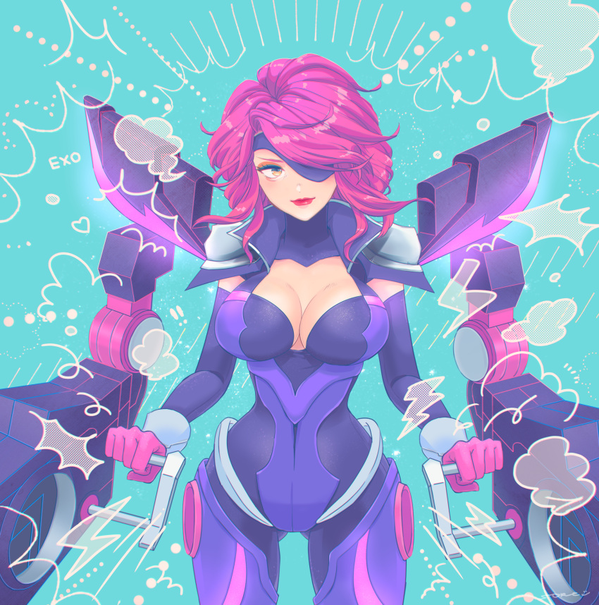 1girl alternate_costume alternate_hair_color alternate_hairstyle blue_background breasts brown_eyes cleavage dual_wielding elbow_gloves eyepatch gloves highres holding large_breasts league_of_legends lipstick looking_at_viewer mad39 makeup pink_gloves pink_hair sarah_fortune solo standing