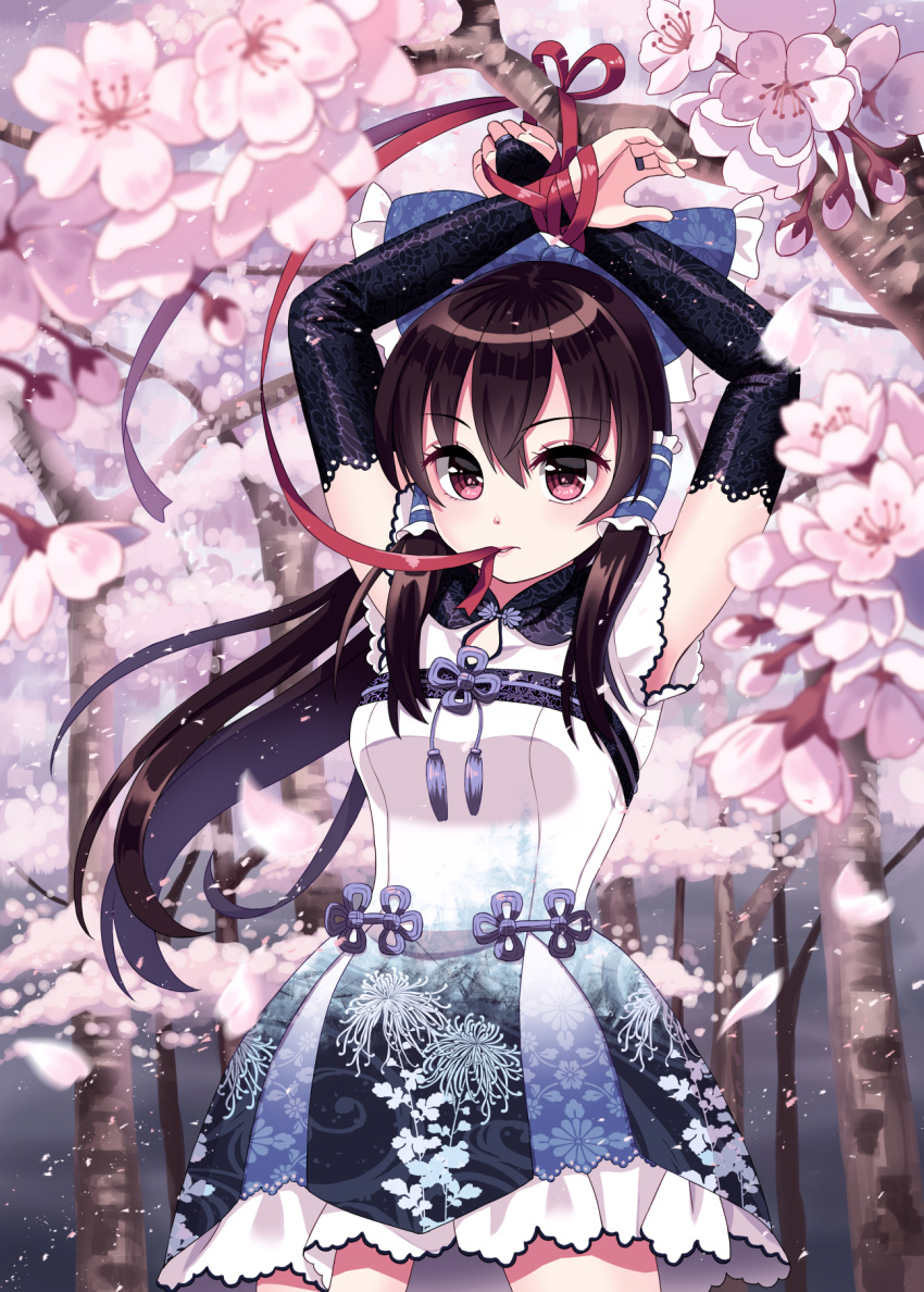 1girl alternate_costume arms_up bangs black_gloves black_hair blue_bow blue_dress bound bound_wrists bow breasts bridal_gauntlets cherry_blossoms commentary_request cowboy_shot douji dress elbow_gloves eyebrows_visible_through_hair floral_print frilled_bow frills gloves hair_between_eyes hair_bow hair_tubes hakurei_reimu highres lips lipstick lolita_fashion long_hair makeup medium_breasts mouth_hold multicolored multicolored_clothes multicolored_dress petals petticoat pink_lips pink_lipstick qi_lolita red_eyes red_ribbon restrained ribbon ribbon_bondage short_sleeves sidelocks solo standing tied_up touhou tree white_dress