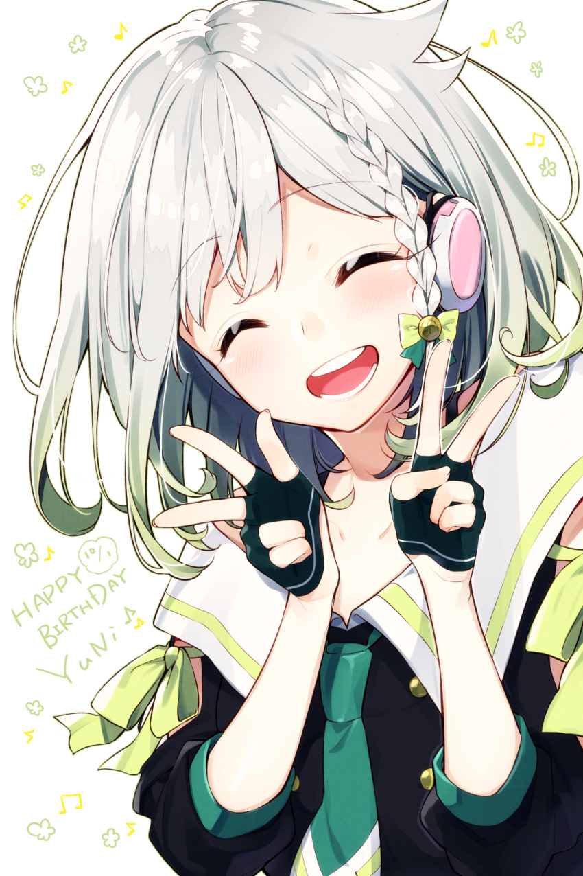 1girl :d ^_^ black_gloves black_shirt blush bow braid closed_eyes closed_eyes collarbone collared_shirt commentary_request dated eighth_note facing_viewer fingerless_gloves fingernails gloves gradient_hair green_bow green_hair green_neckwear hair_bow happy_birthday head_tilt headphones highres long_hair long_sleeves multicolored_hair musical_note necktie open_mouth puffy_long_sleeves puffy_sleeves round_teeth sakuragi_ren shirt side_braid silver_hair simple_background single_braid smile solo teeth upper_body upper_teeth v virtual_youtuber w white_background yuni_(yuni_channel) yuni_channel