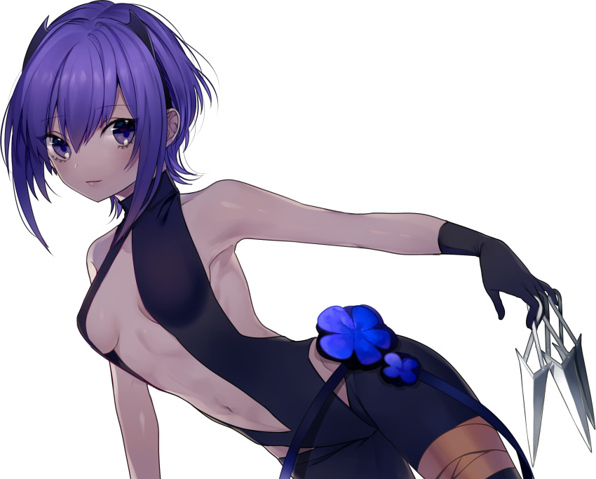 1girl bangs bare_arms bare_shoulders belt black_gloves black_hairband black_leotard blush breasts center_opening collarbone commentary_request cowboy_shot daimaou_ruaeru dark_skin eyebrows_visible_through_hair fate/prototype fate/prototype:_fragments_of_blue_and_silver fate_(series) gloves hair_between_eyes hairband hassan_of_serenity_(fate) highres holding holding_knife holding_weapon knife knives_between_fingers leotard looking_at_viewer medium_breasts navel petals purple_hair short_hair sidelocks simple_background sleeveless smile solo stomach thighs violet_eyes weapon white_background