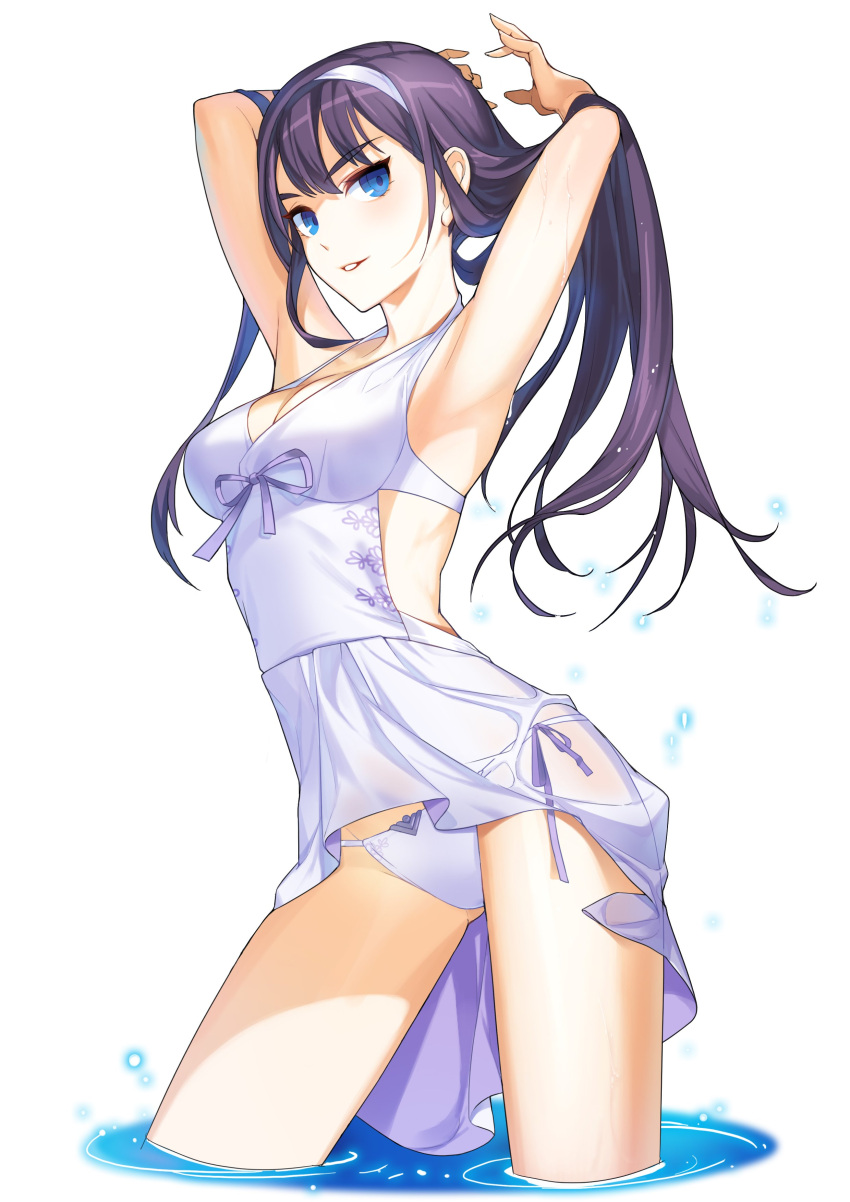 1girl absurdres armpits arms_up backless_dress backless_outfit bikini blue_eyes breasts cleavage closers cowboy_shot cropped_legs dress floating_hair grey_ribbon groin hairband highres long_hair looking_at_viewer medium_breasts official_art parted_lips purple_hair shiny shiny_skin short_dress side-tie_bikini simple_background sleeveless sleeveless_dress smile solo standing sundress swimsuit very_long_hair wading white_background white_bikini white_dress