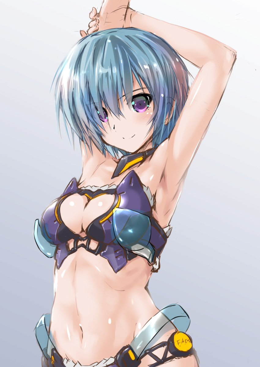 1girl armpits arms_up blue_hair breasts character_request cowboy_shot frame_arms_girl highres komatsu_eiji looking_at_viewer medium_breasts navel short_hair smile solo violet_eyes