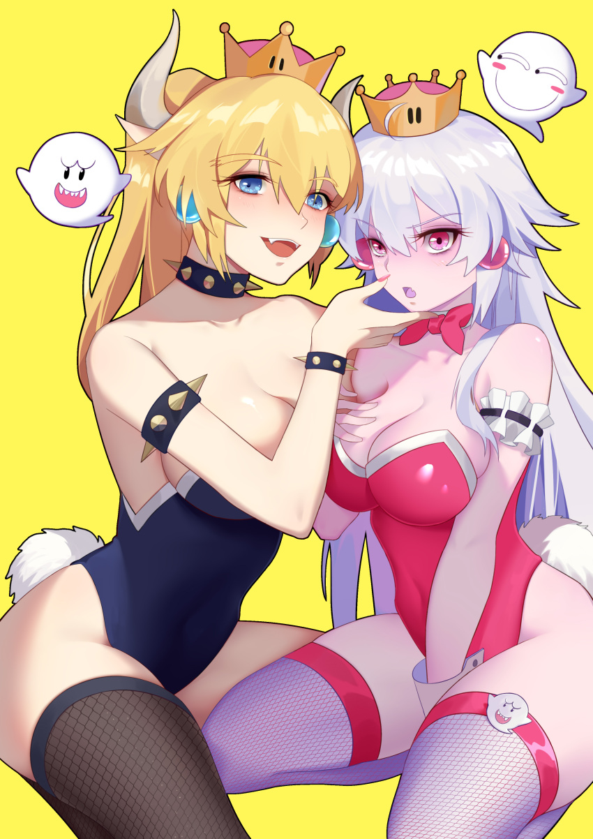 2girls :d :o absurdres ahoge arm_garter armlet bangs between_legs black_legwear black_leotard blue_eyes boo bow bowsette bowtie bracelet breasts bunny_tail bunnysuit chinese_commentary cleavage collar collarbone covered_navel crown earrings eyebrows_visible_through_hair eyeshadow fake_tail fangs fishnet_legwear fishnets ghost grey_hair grey_legwear grimace hair_between_eyes hand_between_legs hand_on_another's_chin hand_on_own_chest highleg highleg_leotard highres jewelry large_breasts leotard long_hair looking_at_viewer makeup super_mario_bros. multiple_girls new_super_mario_bros._u_deluxe nintendo open_mouth pink_bow pink_eyes pink_leotard pink_neckwear pointy_ears ponytail princess_king_boo sharp_teeth shi_ling_yu shiny shiny_hair simple_background smile spiked_armlet spiked_bracelet spiked_collar spikes strapless strapless_leotard super_crown tail teeth thick_eyebrows thighs upper_teeth v-shaped_eyebrows very_long_hair wrist_cuffs yellow_background