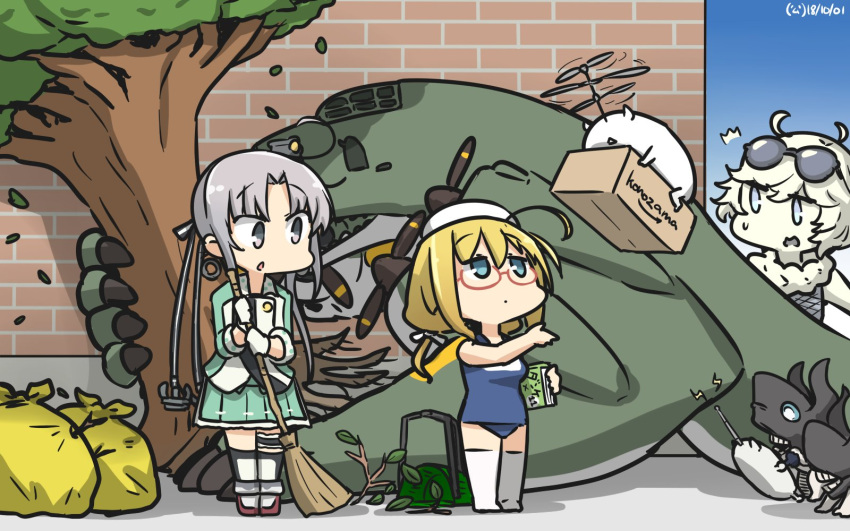 3girls ahoge akitsushima_(kantai_collection) amazon_(company) anchor blonde_hair brick_wall commentary_request dated enemy_lifebuoy_(kantai_collection) eyewear_on_head full_body glasses green_eyes green_skirt grey_hair hair_ornament hair_ribbon hamu_koutarou hat highres i-8_(kantai_collection) kantai_collection long_hair low_twintails military military_uniform mini_hat multiple_girls name_tag nishikitaitei-chan one-piece_swimsuit peaked_cap pleated_skirt propeller pt_imp_group red-framed_eyewear ribbon school_swimsuit semi-rimless_eyewear side_ponytail sidelocks skirt standing sunglasses supply_depot_hime swimsuit thigh-highs translation_request trash_bag twintails under-rim_eyewear uniform violet_eyes white_legwear