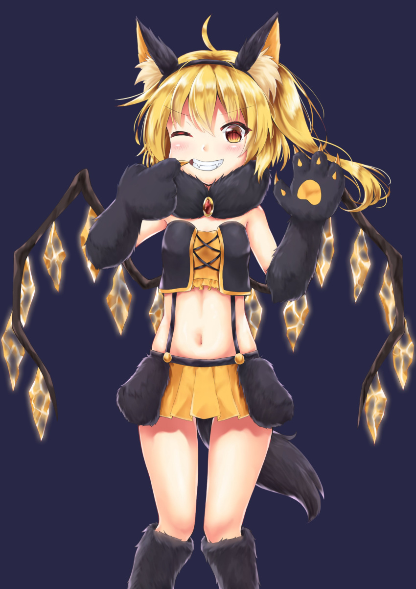 1girl ;) absurdres ahoge akiteru98 alternate_costume animal_ear_fluff animal_ears bangs bare_shoulders black_footwear blonde_hair blue_background boots brooch cat_ears commentary_request cross-laced_clothes crystal eyebrows_visible_through_hair fake_animal_ears fake_tail fangs feet_out_of_frame flandre_scarlet fur_boots fur_collar fur_trim gloves grin groin hair_between_eyes hands_up highres jewelry long_hair miniskirt mouth_pull no_hat no_headwear one_eye_closed one_side_up orange_eyes orange_skirt paw_gloves paws pleated_skirt simple_background skirt smile solo standing strapless suspenders tail thighs touhou tubetop v-shaped_eyebrows wings