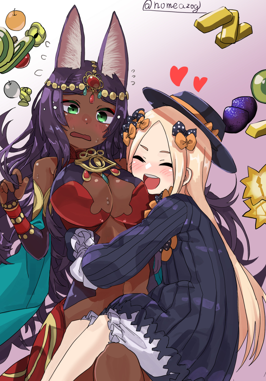 2girls :d abigail_williams_(fate/grand_order) absurdres animal_ear_fluff animal_ears bangs bare_shoulders black_bow black_dress black_gloves black_hat blonde_hair bloomers blush bow breasts bug butterfly cleavage closed_eyes commentary_request dark_skin dress elbow_gloves fate/grand_order fate_(series) flying_sweatdrops food fruit gloves gold_bar gradient gradient_background green_eyes hair_bow hat headpiece heart highres hug insect large_breasts long_hair long_sleeves multiple_girls nomeazog open_mouth orange orange_bow parted_bangs partly_fingerless_gloves polka_dot polka_dot_bow purple_background purple_hair queen_of_sheba_(fate/grand_order) red_dress round_teeth sitting sitting_on_lap sitting_on_person sleeveless sleeveless_dress sleeves_past_fingers sleeves_past_wrists smile teeth twitter_username underwear upper_teeth very_long_hair white_background white_bloomers