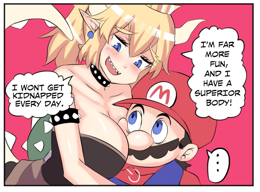1boy 1girl bare_shoulders black_dress blue_overalls blush bowsette bracelet breasts brooch bush cleavage collar comic dress earrings english facial_hair forked_eyebrows hat highres hinghoi horns hug hug_from_behind jewelry large_breasts long_ponytail mario super_mario_bros. mustache new_super_mario_bros._u_deluxe nintendo pointy_ears red_hat red_shirt sharpteeth shirt smile spiked_bracelet spiked_collar spiked_shell spiked_tail spikes super_crown super_mario_bros. thick_eyebrows