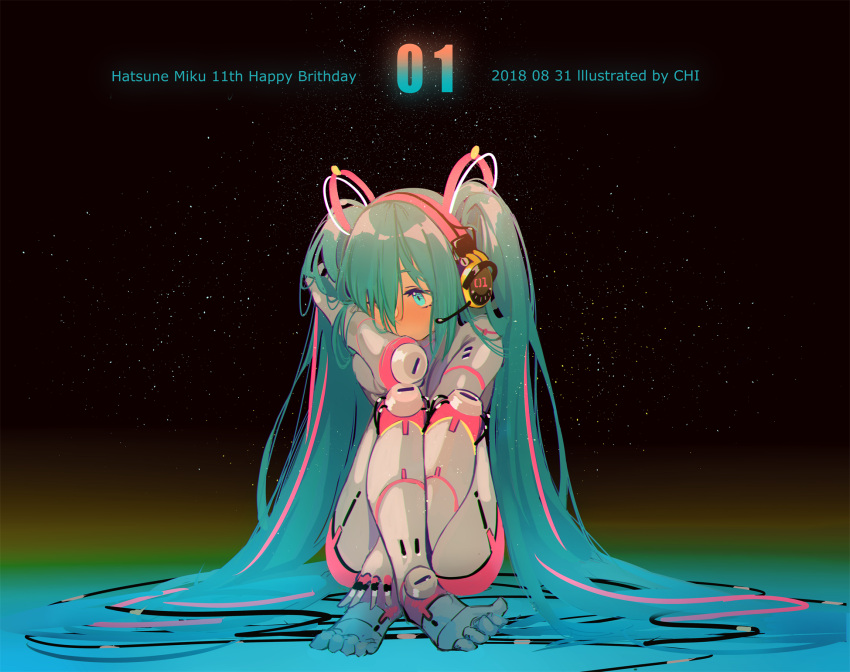 1girl android arm_up bangs blue_eyes blush character_name commentary crossed_ankles english_commentary eyebrows_visible_through_hair green_hair hair_ornament hair_over_one_eye happy_birthday hatsune_miku headphones headset highres long_hair looking_away looking_to_the_side night night_sky revision sitting sky solo star_(sky) starry_sky twintails very_long_hair vocaloid xiao_chichi