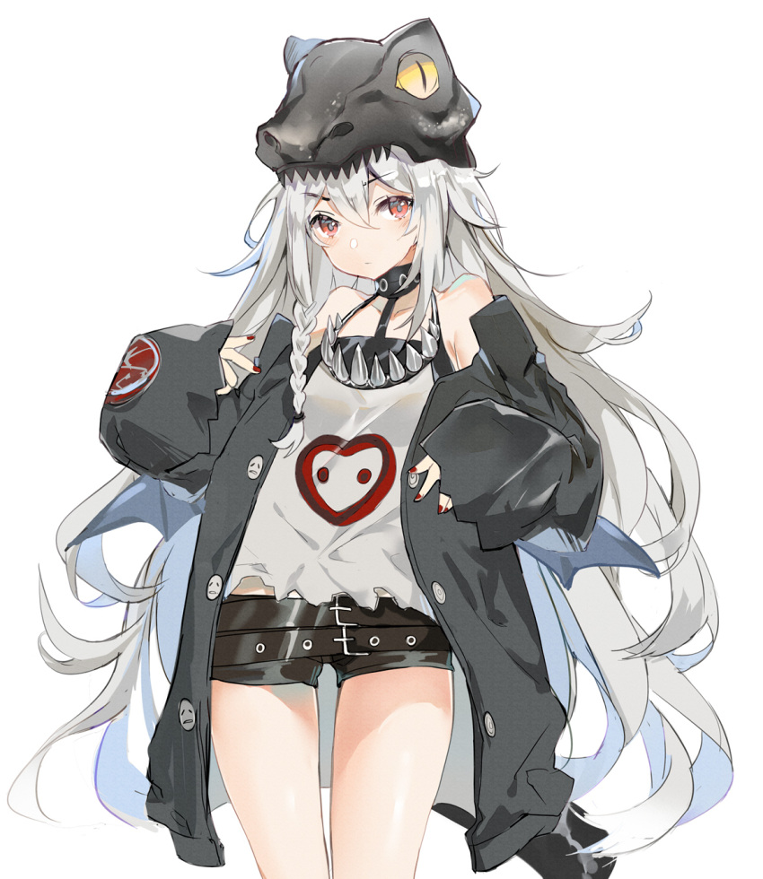 1girl alternate_costume bangs bare_shoulders belt belt_buckle black_belt black_shorts blush braid breasts brown_eyes buckle bxr character_name choker closed_mouth collarbone cowboy_shot dated dinosaur eyebrows_visible_through_hair fingernails g11_(girls_frontline) girls_frontline green_jacket hair_between_eyes hands_up hat highres holding jacket long_hair long_sleeves looking_at_viewer messy_hair multiple_belts nail_polish off_shoulder open_clothes open_jacket red_eyes red_nails rocker-chic shiny shiny_skin shirt short_shorts shorts side_braid sidelocks silver_hair simple_background single_braid sleeveless sleeveless_shirt sleeves_past_wrists small_breasts solo sparkle thighs very_long_hair white_shirt
