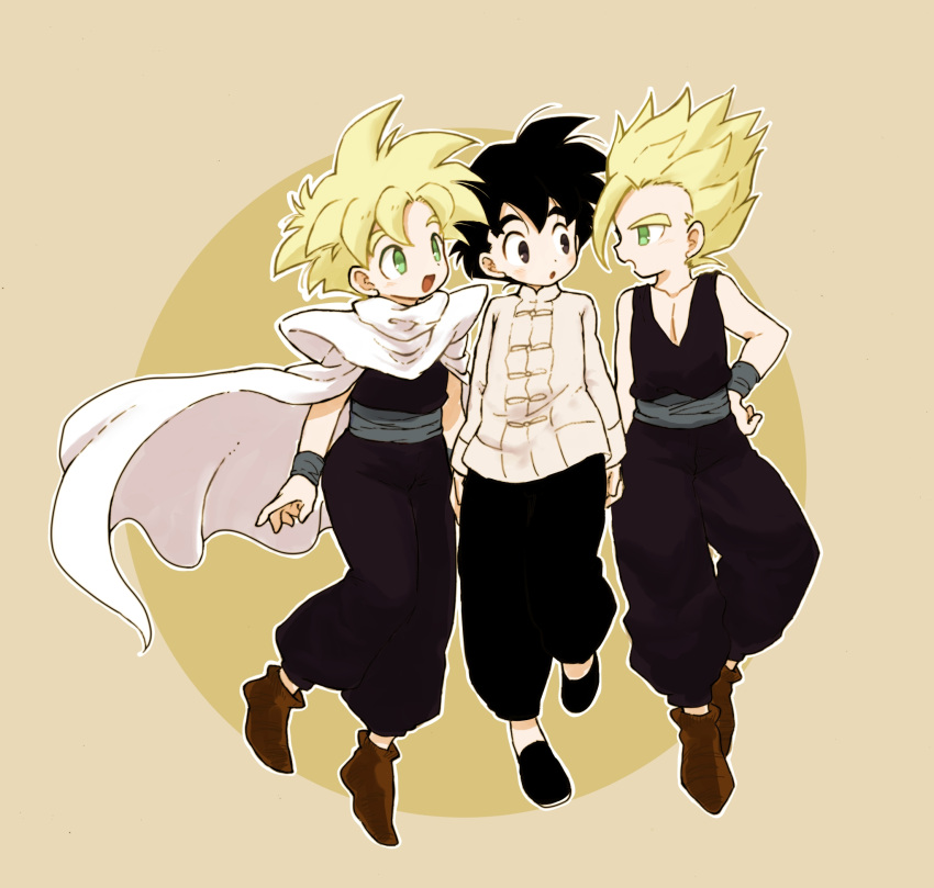 3boys annotated black_footwear black_hair blonde_hair brown_footwear cape dragon_ball dragonball_z full_body highres long_sleeves male_focus multiple_boys multiple_persona nishi1225 pants sepia_background shirt shoes simple_background sleeveless sleeveless_shirt son_gohan super_saiyan white_shirt wristband