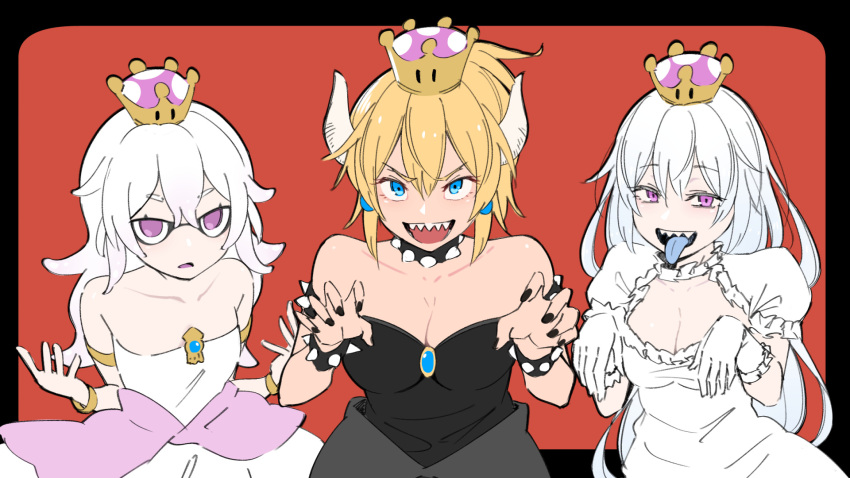 3girls bangle bare_shoulders black_dress black_nails blooper blue_earrings bowsette bracelet breasts brooch choker claw_pose cleavage collar commentary_request dress elbow_gloves expressionless eyebrows_visible_through_hair ghost_pose gloves hair_between_eyes half-closed_eyes highres horns jewelry kemuri_haku large_breasts lavender_tongue light_blue_eyes long_hair looking_at_viewer luigi's_mansion super_mario_bros. medium_breasts multiple_girls nail_polish new_super_mario_bros._u_deluxe nintendo pink_eyes ponytail princess_king_boo puffy_short_sleeves puffy_sleeves sharp_teeth shiny shiny_hair shiny_skin short_hair short_sleeves sidelocks silver_hair small_breasts smile spiked_bracelet spiked_collar spikes strapless strapless_dress super_crown tareme teeth tongue tongue_out tsurime very_long_hair violet_eyes white_choker white_dress white_gloves