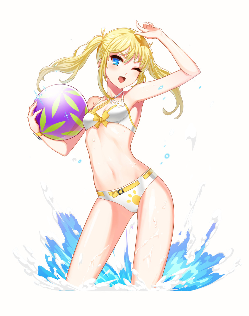 1girl ;d absurdres arm_up armpits ball beachball belt bikini blonde_hair blue_eyes bracelet breasts cleavage closers eyebrows_visible_through_hair floating_hair hair_between_eyes highres holding holding_ball jewelry long_hair navel official_art one_eye_closed open_mouth simple_background small_breasts smile solo swimsuit twintails white_background white_bikini