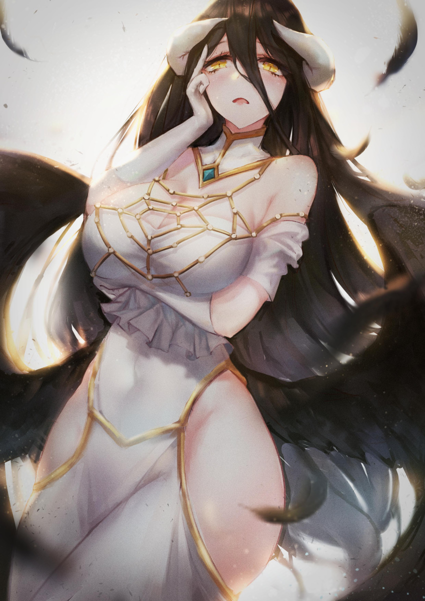 1girl absurdres albedo bare_shoulders black_hair breasts cleavage curvy highres horns large_breasts long_hair looking_at_viewer open_mouth overlord_(maruyama) solo wide_hips wings xing yellow_eyes