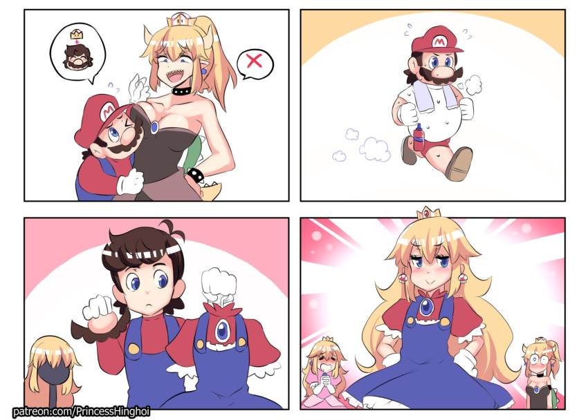 1boy 2girls beard blonde_hair blue_eyes blush bottle bowsette breasts cleavage closed_eyes crossdressinging crown dress drooling earrings facial_hair flying_sweatdrops gloves height_difference hinghoi horns huffing jewelry jogging large_breasts long_hair mariette mario super_mario_bros. multiple_girls new_super_mario_bros._u_deluxe nintendo one_eye_closed open_mouth pants ponytail princess_peach props saliva sharp_teeth shell smile spikes super_crown super_mario_bros. surprised sweat teeth tiara track_pants trap turtle_shell water_bottle white_gloves wig