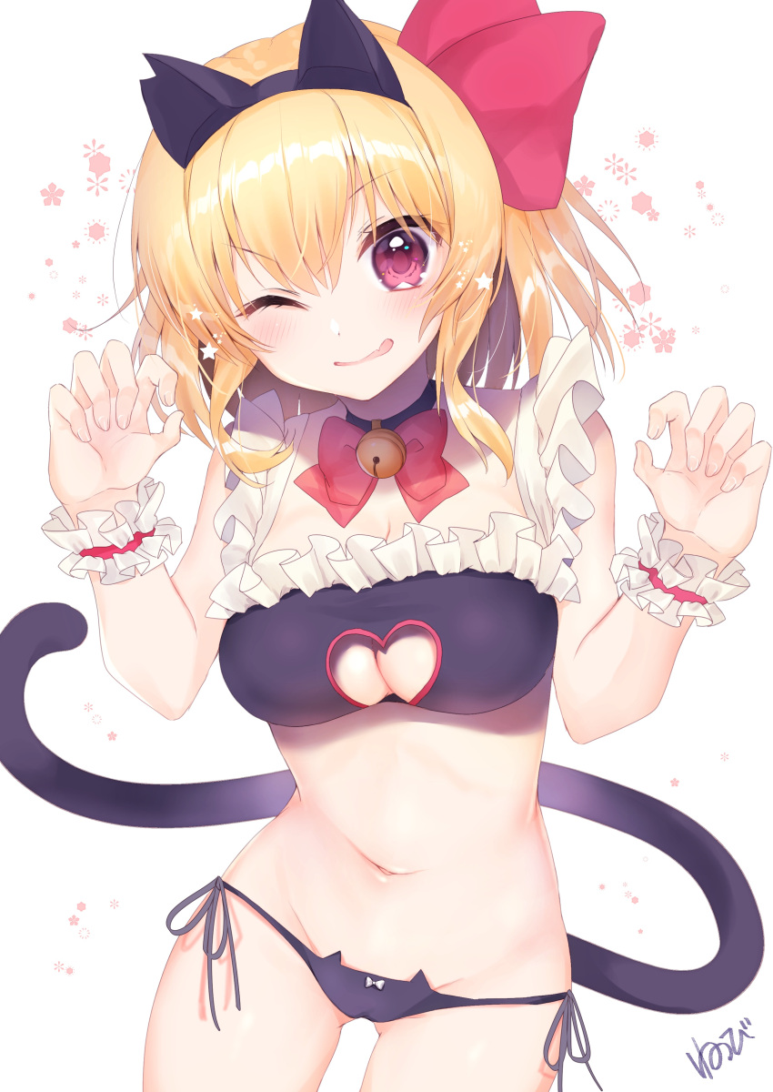 1girl ;q absurdres animal_ears bangs bare_arms bare_shoulders bell bell_collar black_bra black_choker black_panties blonde_hair blush bow bow_panties bowtie bra breasts cat_ears cat_lingerie cat_tail choker claw_pose cleavage cleavage_cutout collar commentary_request eyebrows_visible_through_hair fake_animal_ears fake_tail frilled_bra frills groin hair_between_eyes hair_ribbon hands_up head_tilt highres jingle_bell looking_at_viewer medium_breasts meme_attire navel nenobi_(nenorium) one_eye_closed panties red_bow red_eyes red_neckwear red_ribbon ribbon rumia short_hair side-tie_panties simple_background solo star stomach tail thighs tongue tongue_out touhou underwear white_background wrist_cuffs