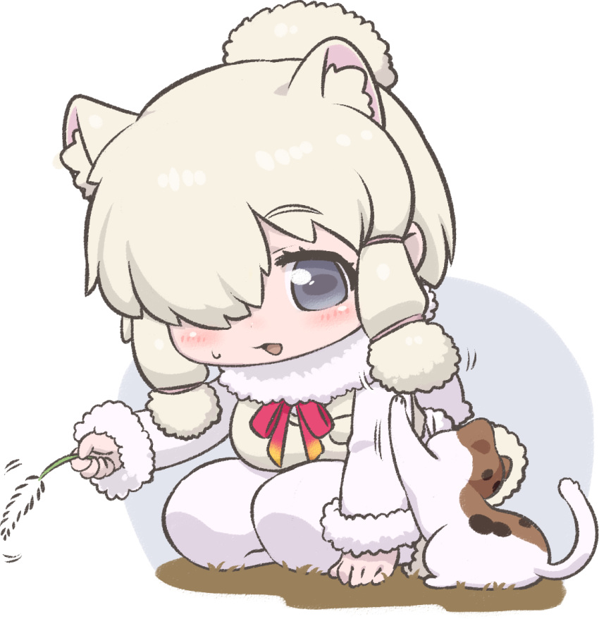 1girl alpaca alpaca_ears alpaca_suri_(kemono_friends) alpaca_tail animal_ear_fluff animal_ears blue_eyes blush cat cat_ears cat_tail cat_teaser commentary_request eyebrows_visible_through_hair fur_collar fur_trim hair_bun hair_over_one_eye hair_tubes kemono_friends kneeling kuro_(kurojill) long_sleeves neck_ribbon pantyhose ribbon short_hair solo sweatdrop tail white_hair