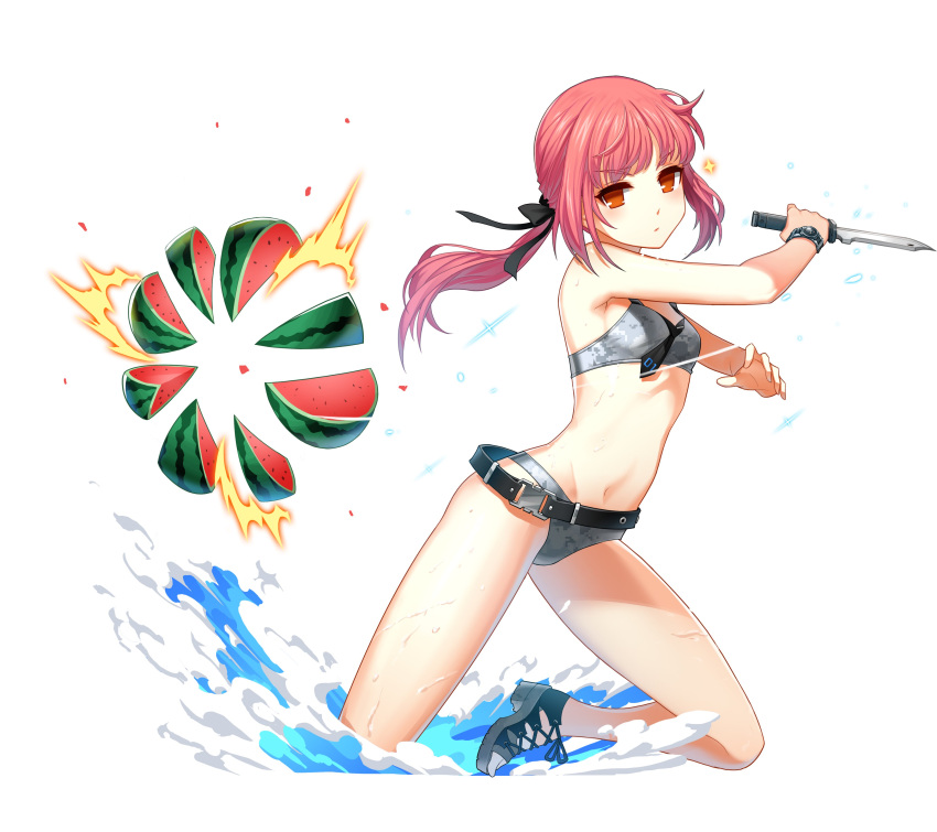 1girl absurdres belt bikini black_bow bow closers eyebrows_visible_through_hair floating_hair food fruit grey_bikini groin hair_bow highres holding holding_knife knife long_hair navel official_art orange_eyes ponytail redhead shiny shiny_hair simple_background solo swimsuit watch watch watermelon white_background