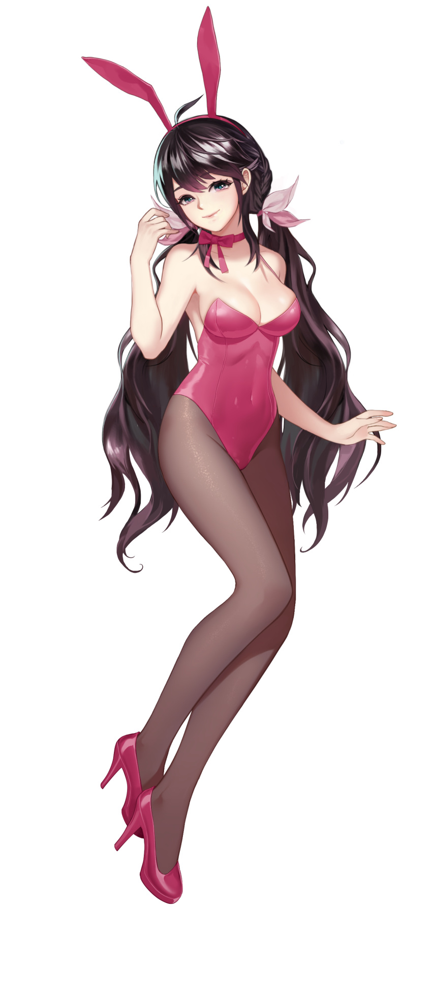 1girl absurdres animal_ears bare_shoulders black_hair blush bow bowtie breasts bunny_girl bunnysuit cleavage covered_navel daye_bie_qia_lian full_body hairband high_heels highres leotard long_hair looking_at_viewer pantyhose rabbit_ears romantic_saga_of_beauty_&amp;_devil simple_background smile solo standing strapless strapless_leotard twintails very_long_hair white_background