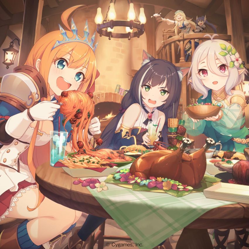 5girls ahoge animal_ears antenna_hair ayase_yukari bare_shoulders black_hair blonde_hair blue_eyes blue_hair cat_ears cat_girl closed_eyes collared_shirt cygames detached_sleeves flower food gloves green_eyes hair_flower hair_ornament highres kokkoro_(princess_connect!) kyaru_(princess_connect) multiple_girls official_art ogami_mifuyu orange_hair pasta pecorine pointy_ears princess_connect! princess_connect!_re:dive red_eyes shirt silver_hair spaghetti tiara turkey_(food) white_gloves