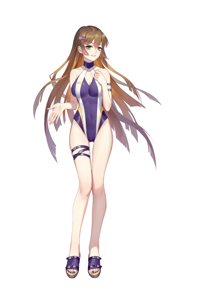 1girl absurdres arm_strap breasts brown_hair covered_navel daye_bie_qia_lian full_body green_eyes hair_ornament hairclip highres large_breasts long_hair long_legs looking_at_viewer nail_polish one-piece_swimsuit purple_nails romantic_saga_of_beauty_&amp;_devil smile solo standing swimsuit thigh_strap very_long_hair