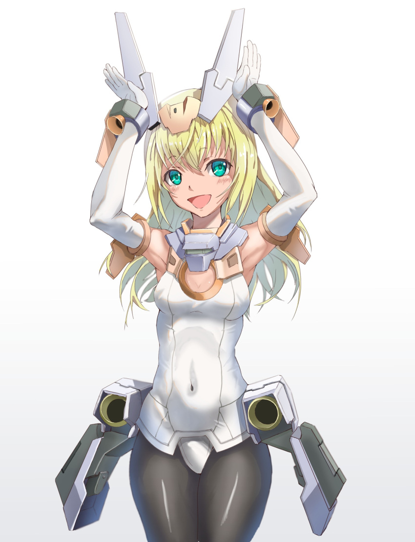 1girl animal_print armpits arms_up baselard blonde_hair blue_eyes bodysuit breasts bunny_pose butterfly_print character_name cleavage covered_navel frame_arms_girl highres long_hair mecha_musume medium_breasts misenouchi pantyhose smile solo white_background