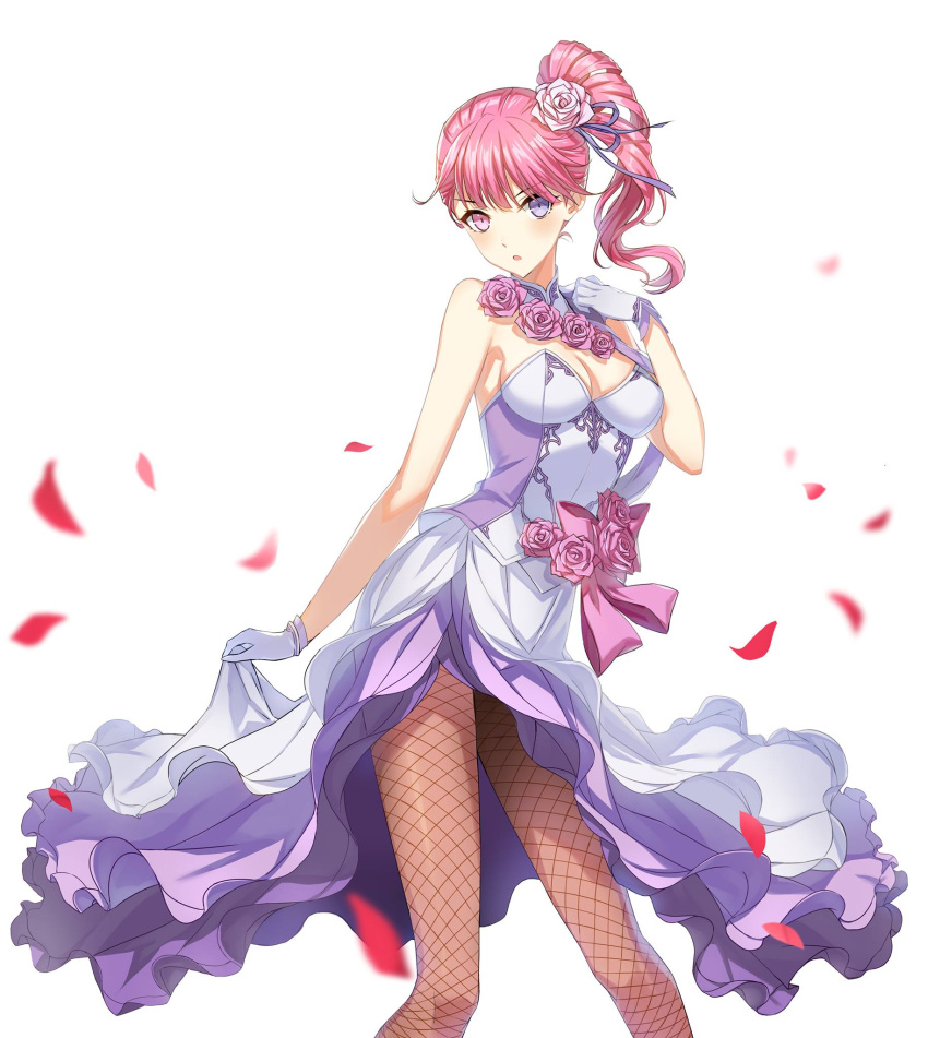 1girl breasts choker cleavage closers fishnet_pantyhose fishnets flower gloves hair_flower hair_ornament hair_ribbon heterochromia high_ponytail highres layered_skirt long_hair looking_at_viewer medium_breasts official_art open_mouth pantyhose petals pink_eyes pink_flower pink_hair pink_rose purple_ribbon ribbon rose shiny shiny_hair side_ponytail side_slit sideboob simple_background skirt_hold solo strapless violet_eyes white_background white_gloves