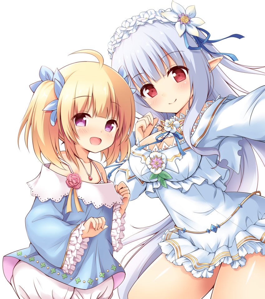 2girls :d ahoge bangs blonde_hair bloomers blue_bow blue_dress blue_hair blue_ribbon blush bow breasts cleavage closed_mouth collarbone commentary_request copyright_request dress elf eyebrows_visible_through_hair fingernails flower frilled_sleeves frills hair_between_eyes hair_bow hair_flower hair_ornament hair_ribbon hand_up hands_up highres jewelry large_breasts long_hair long_sleeves multiple_girls off-shoulder_dress off_shoulder open_mouth pendant pointy_ears reaching_out red_eyes red_flower red_rose ribbon rose self_shot sidelocks simple_background smile twintails underwear very_long_hair violet_eyes white_background white_bloomers white_dress white_flower wide_sleeves yuu_(yumezakura)