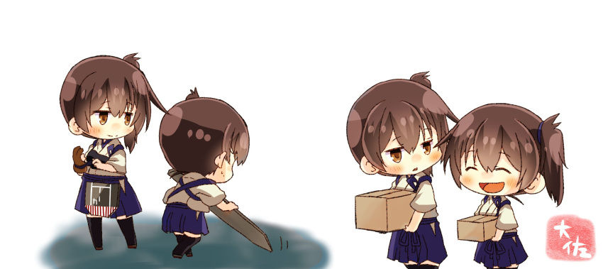 2girls apron artist_name black_legwear blue_hakama brown_eyes brown_hair chibi commentary_request cowboy_shot dual_persona full_body gloves hakama hakama_skirt highres japanese_clothes kaga_(kantai_collection) kantai_collection minigirl multiple_girls muneate partly_fingerless_gloves side_ponytail simple_background taisa_(kari) tasuki thigh-highs white_background yugake