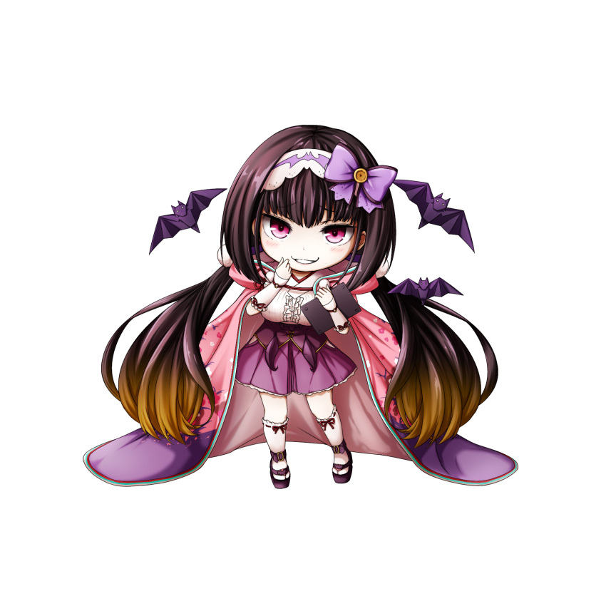 1girl animal bangs bat blush bow breasts brown_footwear brown_hair center_frills chibi cloak detached_sleeves drawing_tablet eyebrows_visible_through_hair fate/grand_order fate_(series) frilled_sleeves frills gradient gradient_clothes gradient_hair grin hair_between_eyes hair_bow hair_ornament hairband hand_up highres hood hood_down hooded_cloak kneehighs kuena large_breasts long_hair long_sleeves low-tied_long_hair multicolored_hair origami osakabe-hime_(fate/grand_order) pink_cloak pleated_skirt purple_bow purple_cloak purple_skirt red_eyes shirt simple_background skirt sleeves_past_wrists smile solo standing tablet very_long_hair white_background white_hairband white_legwear white_shirt