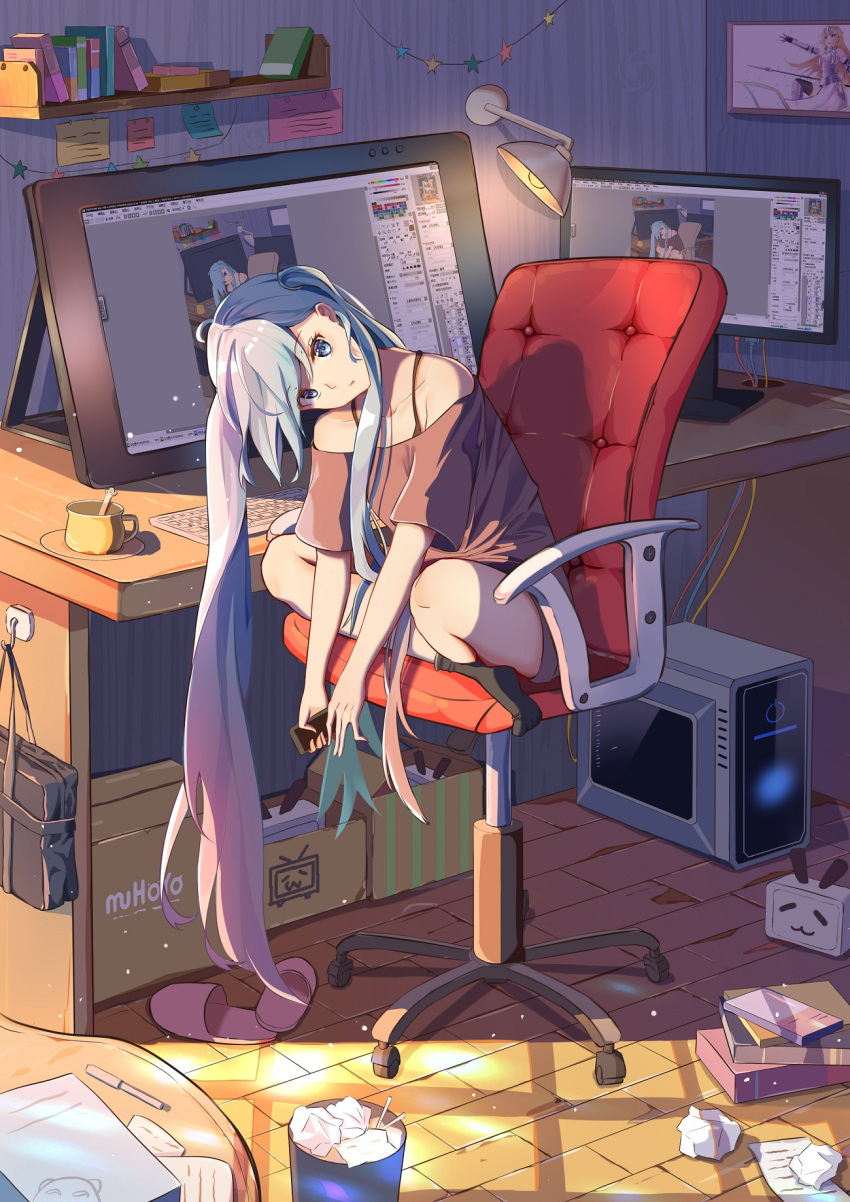 1girl aqua_hair artist_self-reference bag black_legwear blue_eyes blue_hair book box cardboard_box cellphone chair commentary_request computer crumpled_paper desk drawing_tablet fate/grand_order fate_(series) gradient_hair hatsune_miku head_tilt highres holding holding_cellphone holding_phone indoors jeanne_d'arc_(fate) jeanne_d'arc_(fate)_(all) keyboard_(computer) long_hair mobu_(wddtfy61) monitor multicolored_hair no_shoes office_chair painttool_sai phone picture_frame pink_footwear purple_hair recursion school_bag shelf sitting slippers slippers_removed socks solo star tablet trash_can twintails very_long_hair vocaloid wall_lamp