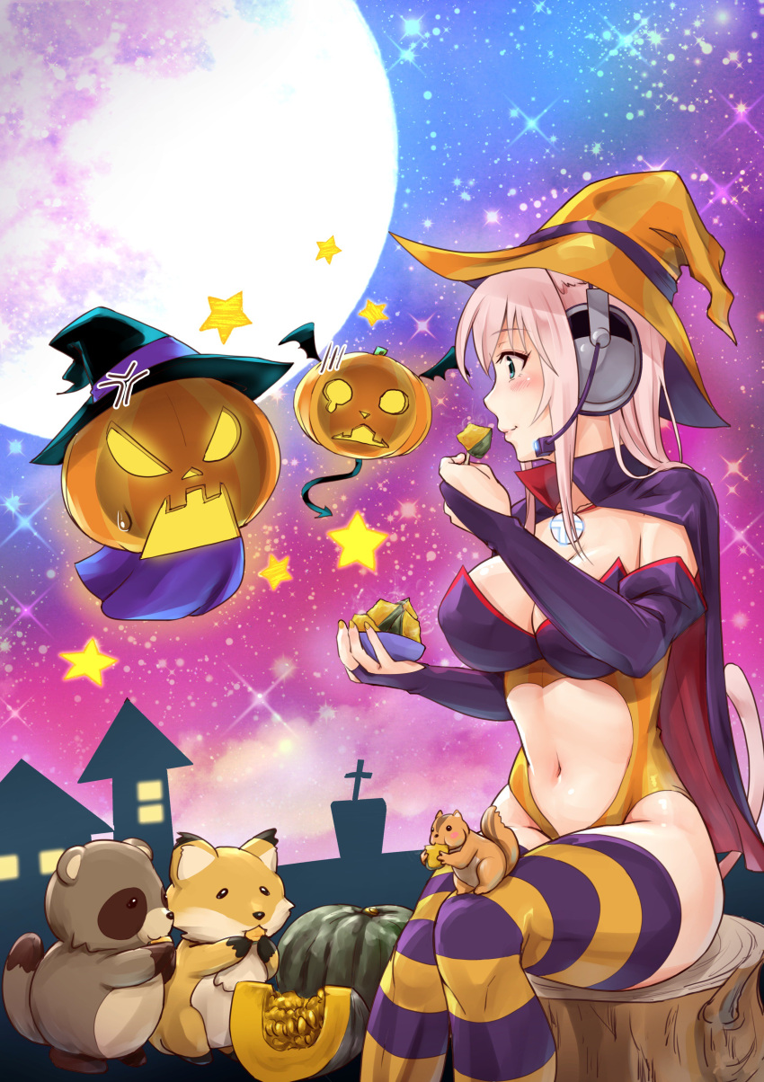 1girl absurdres animal_ears bare_shoulders blush breasts bridal_gauntlets cat_ears cleavage eating elbow_gloves fox ganari_ryuu gloves green_eyes halloween halloween_costume headphones headset highres jack-o'-lantern large_breasts long_hair navel_cutout original pink_hair pumpkin solo squirrel super_tama_musume tail tamatoys thigh-highs