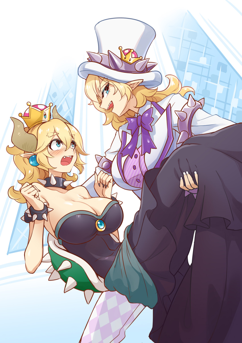 2girls blonde_hair blue_eyes blush bow bowsette bowtie breasts carrying checkered cleavage dress earrings eyebrows_visible_through_hair fangs genderswap genderswap_(mtf) half-closed_eyes hat highres horns jewelry large_breasts long_sleeves super_mario_bros. multiple_girls new_super_mario_bros._u_deluxe nintendo open_mouth pointy_ears ponytail princess_carry sharp_teeth silversirius sleeveless sleeveless_dress spiked_armlet spiked_shell strapless strapless_dress super_crown super_mario_bros. super_mario_odyssey tail teeth thick_eyebrows top_hat tuxedo wavy_mouth