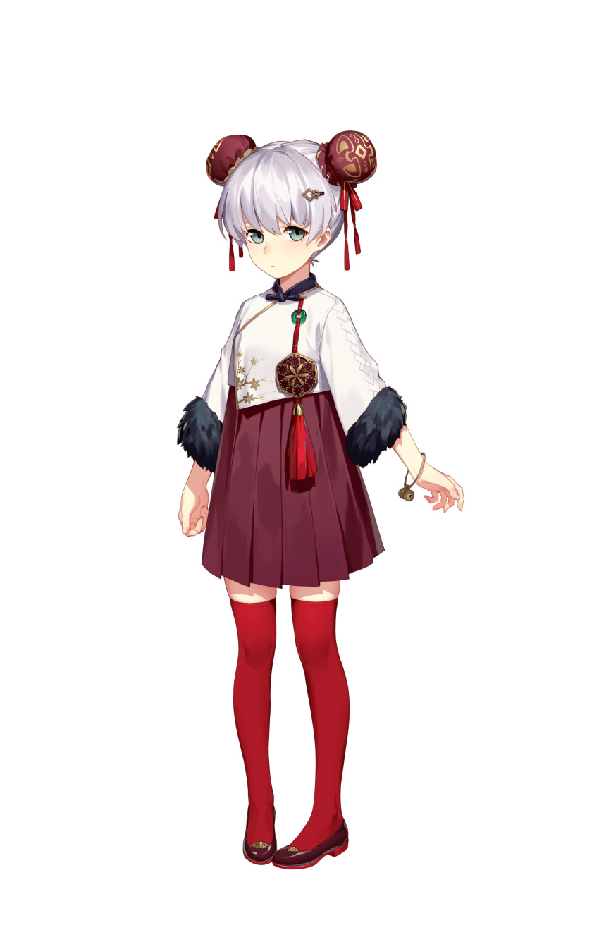 1girl absurdres bell bracelet chinese_clothes daye_bie_qia_lian double_bun floral_print full_body grey_hair hair_ornament hairclip highres jewelry looking_at_viewer pleated_skirt red_legwear romantic_saga_of_beauty_&amp;_devil short_hair simple_background skirt solo standing thigh-highs white_background