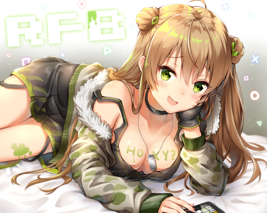 1girl :d ahoge bangs bare_shoulders black_dress black_gloves blurry blush bodypaint bow breasts brown_hair camouflage_jacket cellphone character_name choker cleavage collarbone depth_of_field dog_tags double_bun dress eyebrows_visible_through_hair fingerless_gloves fur-trimmed_jacket fur_trim girls_frontline gloves green_eyes hair_between_eyes hair_bow hair_ornament head_on_hand highres jacket long_hair looking_at_viewer lying medium_breasts mole mole_on_breast off_shoulder on_stomach open_mouth paint_splatter phone rfb_(girls_frontline) short_dress sidelocks single_fingerless_glove smartphone smile solo strap_slip thighs toki_(toki_ship8)