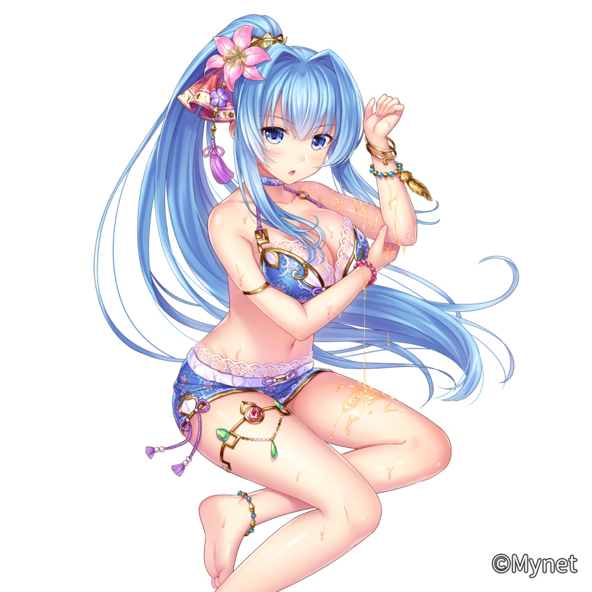 1girl :o anklet bangle bare_shoulders barefoot bead_bracelet beads blue_eyes blue_hair blush bracelet breasts cao_(sanguko_infinity) company_name flower hair_flower hair_ornament highres jewelry large_breasts long_hair navel official_art oil open_mouth otosume_ruiko sangoku_infinity simple_background sitting swimsuit very_long_hair wet white_background