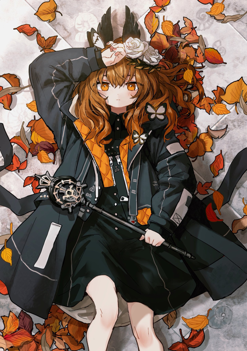 1girl autumn_leaves blush brown_hair flower hair_flower hair_ornament hand_on_own_head highres jacket lavender_quartz long_hair looking_at_viewer lying on_back orange_eyes solo torabishi_lana wand zinbei