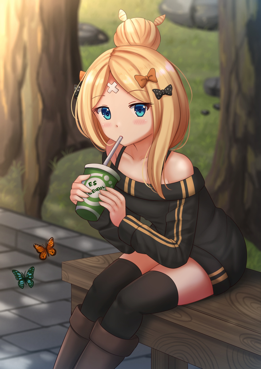 1girl abigail_williams_(fate/grand_order) animal bangs bare_shoulders bench black_bow black_dress black_legwear blonde_hair blue_eyes blurry blurry_background boots bow brown_footwear bug butterfly collarbone commentary_request crossed_bandaids cup day depth_of_field disposable_cup dress drinking drinking_straw eyebrows_visible_through_hair fate/grand_order fate_(series) fingernails hair_bow highres holding insect kazenokaze knee_boots leaning_forward long_hair long_sleeves looking_at_viewer off-shoulder_dress off_shoulder on_bench orange_bow outdoors parted_bangs polka_dot polka_dot_bow short_dress sitting solo thigh-highs thighhighs_under_boots tree