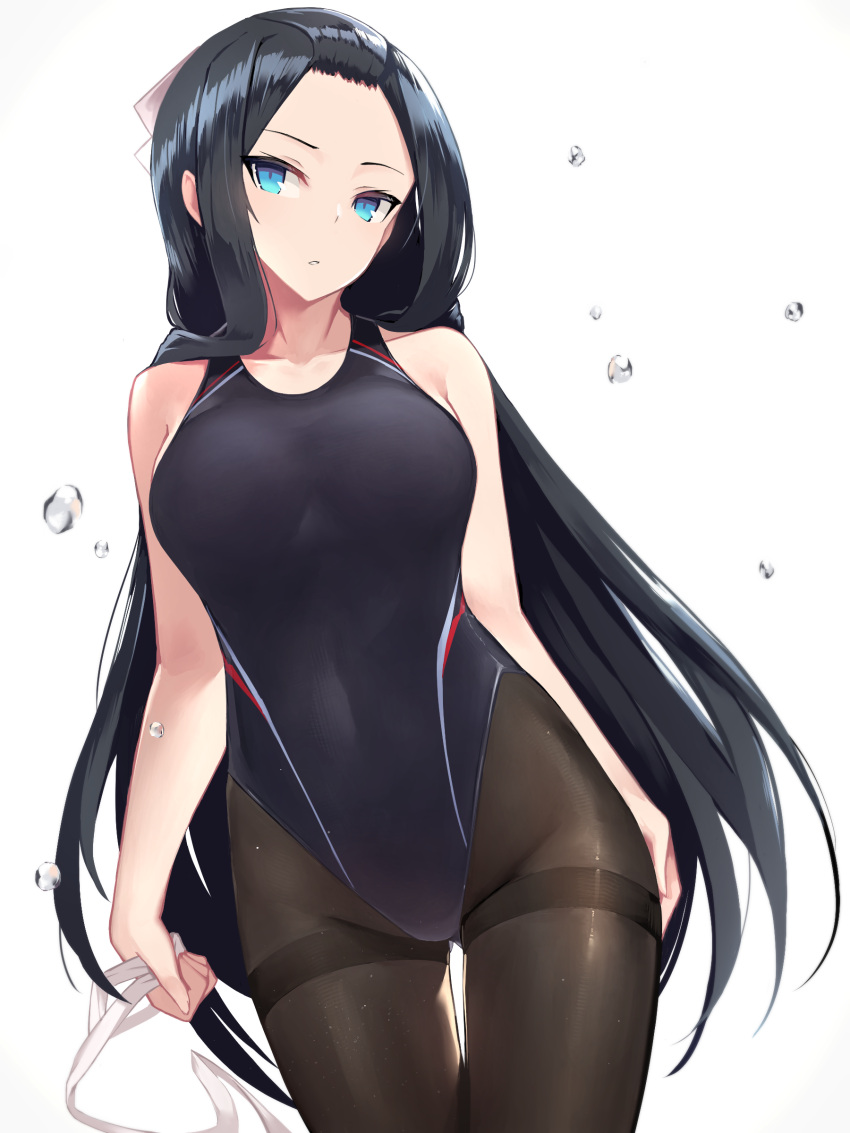 1girl absurdres air_bubble arms_at_sides bare_shoulders black_hair black_legwear blue_eyes bow breasts bubble covered_navel forehead hair_bow highres hikage_(sennen_sensou_aigis) long_hair looking_at_viewer medium_breasts one-piece_swimsuit pantyhose parted_lips ribbon sennen_sensou_aigis solo standing swimsuit thighband_pantyhose very_long_hair white_background white_ribbon yki