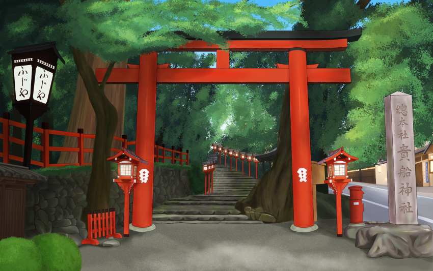 absurdres biako blue_sky building commentary_request day highres lantern no_humans original outdoors revision road scenery sky stairs stone_stairs torii translation_request tree