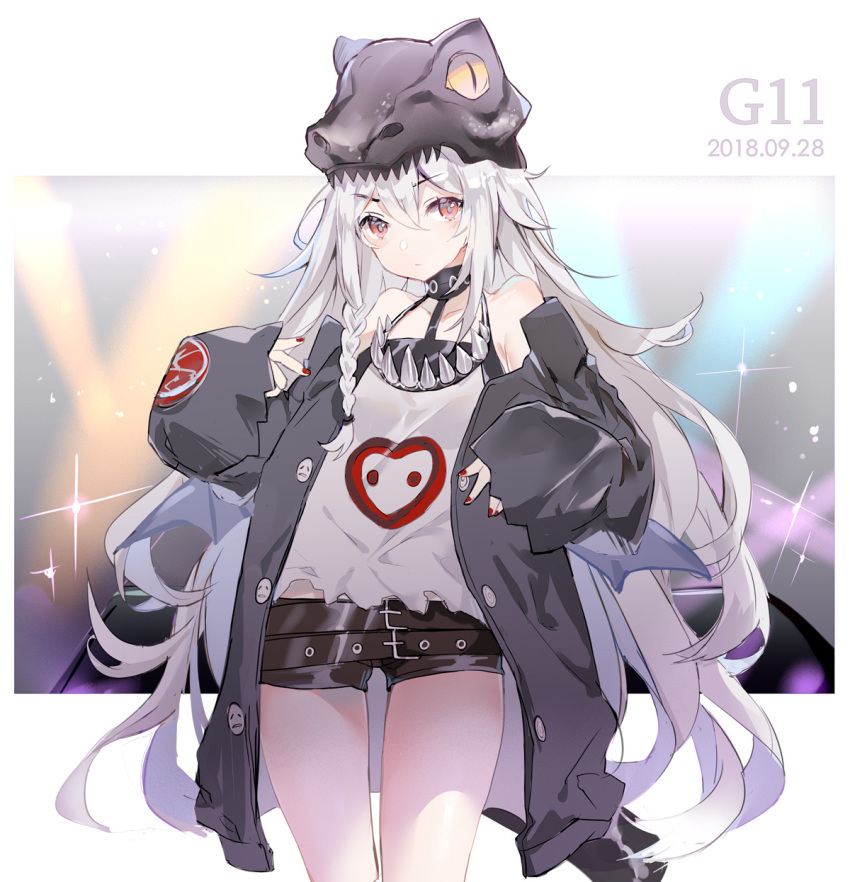 1girl alternate_costume bangs bare_shoulders belt black_shorts blush braid breasts brown_eyes buckle bxr character_name choker closed_mouth collarbone cowboy_shot dated dinosaur eyebrows_visible_through_hair g11_(girls_frontline) girls_frontline hair_between_eyes hands_up hat highres holding jacket long_hair looking_at_viewer messy_hair multiple_belts nail_polish off_shoulder open_clothes open_jacket outside_border red_nails rocker-chic shiny shiny_skin shirt short_shorts shorts side_braid sidelocks silver_hair simple_background sleeveless sleeveless_shirt small_breasts solo sparkle thighs very_long_hair white_backpack