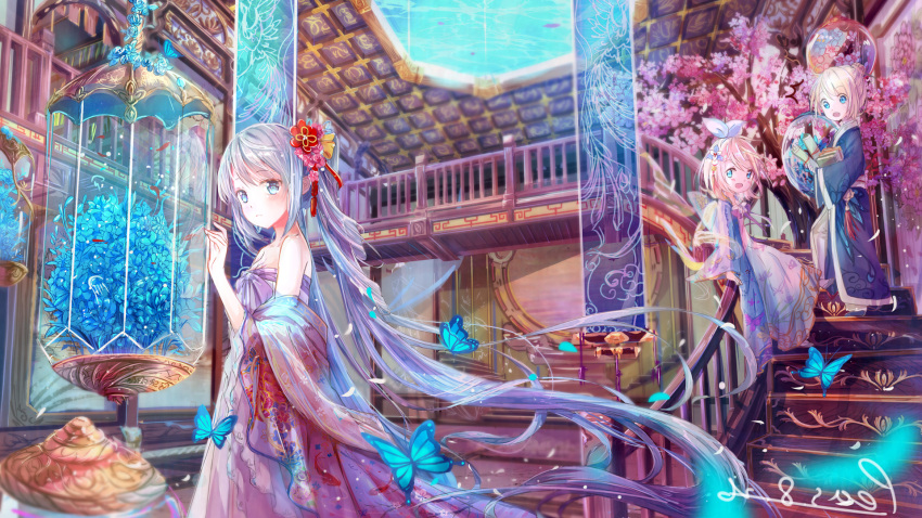 1boy 2girls :d animal architecture bangs bare_shoulders blonde_hair blue_eyes blue_flower blush book brother_and_sister bug butterfly chinese_clothes collarbone commentary_request dress east_asian_architecture eyebrows_visible_through_hair fish flower hair_bun hair_flower hair_ornament hair_ribbon hanfu hatsune_miku highres indoors insect kagamine_len kagamine_rin long_hair long_sleeves multiple_girls open_mouth parted_lips peas_(peas0125) pink_flower railing red_flower revision ribbon rose shawl siblings silver_hair sitting smile stairs standing strapless tree very_long_hair vocaloid water white_dress white_flower white_rose wide_sleeves