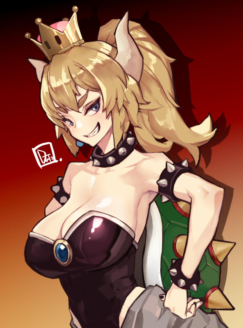 1girl absurdres armlet armpits bangs bare_shoulders black_collar black_leotard black_nails blonde_hair blue_earrings borrowed_design bowsette bracelet breasts cleavage collar collarbone commentary_request crown dutomaster earrings fingernails from_side gem gradient gradient_background grey_skirt grin hair_between_eyes half-closed_eyes hands_on_hips high_ponytail highleg highleg_leotard highres hips horns jewelry large_breasts leotard long_fingernails looking_at_viewer super_mario_bros. medium_hair nail_polish naughty_face new_super_mario_bros._u_deluxe nintendo orange_background parted_bangs pointy_ears red_background sapphire_(stone) shadow shiny shiny_hair shiny_skin sideboob signature skirt smile spiked_armlet spiked_bracelet spiked_collar spiked_shell spikes strapless strapless_leotard super_crown teeth thick_eyebrows turtle_shell upper_body v-shaped_eyebrows