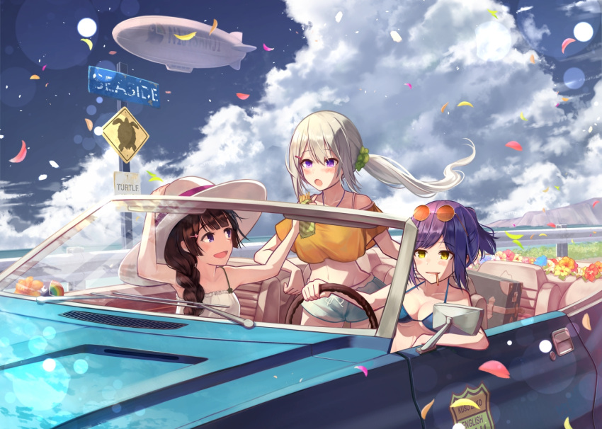 3girls :d :o aircraft arm_up bangs bare_arms bare_shoulders bikini blimp blue_bikini blue_flower blue_shorts blue_sky blush braid brat breasts brown_eyes brown_hair car cleavage cliff clouds cloudy_sky commentary_request convertible copyright_name crop_top day dirigible dress driving elbow_rest english eyebrows_visible_through_hair eyewear_on_head flower food food_in_mouth green_scrunchie ground_vehicle guard_rail hair_between_eyes hair_ornament hair_over_shoulder hair_scrunchie hairclip hand_on_headwear hat hat_ribbon higuchi_kaede holding horizon long_hair looking_afar looking_at_another looking_back medium_breasts midriff motor_vehicle mouth_hold multiple_girls navel nijisanji ocean off-shoulder_shirt open_mouth orange-tinted_glasses orange_flower orange_shirt outdoors parted_lips petals pocky ponytail purple_hair railing red_flower revision ribbon road_sign round_eyewear scrunchie shirt shizuka_rin short_shorts shorts side_braid sign silver_hair single_braid sky sleeveless sleeveless_dress smile spaghetti_strap steering_wheel string_bikini suitcase sun_hat sunglasses swimsuit tsukino_mito very_long_hair violet_eyes virtual_youtuber water white_dress white_hat yellow_flower