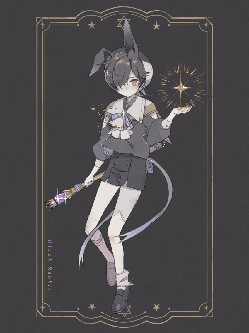 1boy absurdres animal_ears black_hair blush boy_dearboys brown_eyes bunny_tail bunnyboy eyes_visible_through_hair hair_over_one_eye highres looking_at_viewer male_focus rabbit rabbit_ears red_eyes scepter short_shorts shorts solo tail white_hair