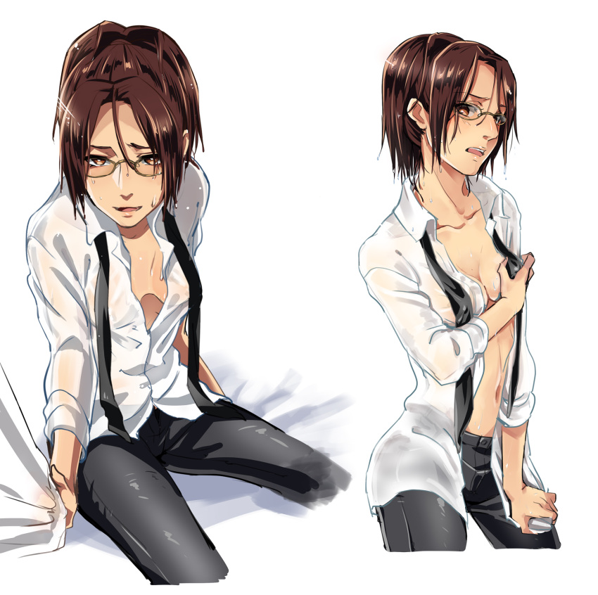 1girl black_pants breasts brown_eyes brown_hair cleavage collarbone dress_shirt glasses hange_zoe highres looking_at_viewer midriff navel null_(chronix) open_clothes open_mouth open_shirt pants shingeki_no_kyojin shirt short_hair simple_background sitting small_breasts solo stomach wet wet_clothes wet_hair wet_shirt white_background white_shirt