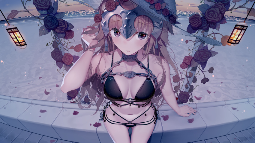 1girl absurdres arm_support ass_visible_through_thighs atha_(leejuiping) bare_arms bare_shoulders bikini black_bikini blush breasts chains clouds collarbone commentary_request fate/grand_order fate_(series) flower hair_flower hair_ornament hat hat_flower headpiece highres jeanne_d'arc_(fate) jeanne_d'arc_(fate)_(all) lantern large_breasts long_hair looking_at_viewer o-ring o-ring_bikini o-ring_bottom o-ring_top outdoors parted_lips petals red_flower red_rose revision rose rose_petals sitting sky smile solo straw_hat sunset swimsuit very_long_hair violet_eyes white_hat