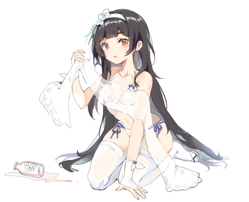 1girl alternate_costume arm_support bangs bikini blush bottle breasts bridal_gauntlets brown_eyes brown_hair bxr cleavage eyebrows_visible_through_hair fingernails flower girls_frontline hair_flower hair_ornament hairband halter_top halterneck kneeling leaning_forward long_hair looking_at_viewer navel parted_lips qbz-95_(girls_frontline) sandals see-through shawl side-tie_bikini sidelocks small_breasts solo spill swimsuit thigh-highs very_long_hair white_bikini white_footwear white_hairband white_legwear yellow_eyes