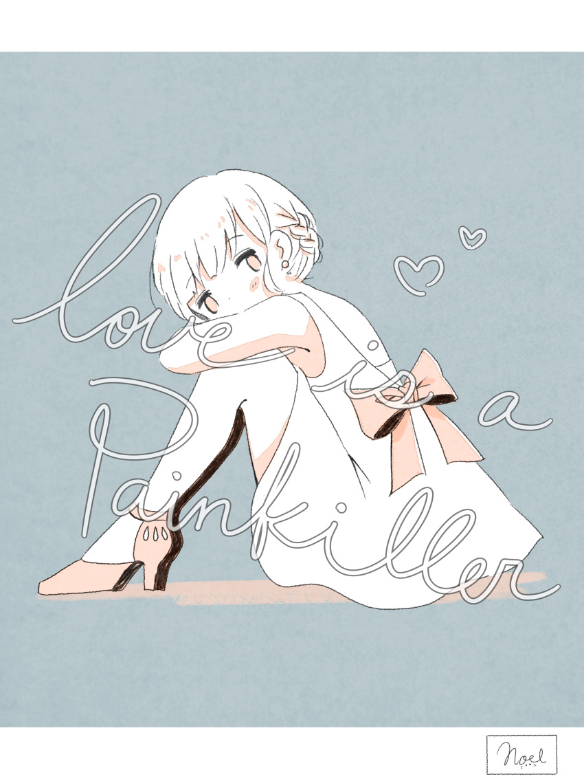 1girl absurdres artist_name bangs blue_background blush bow braid covering_mouth cursive dress earrings english heart high_heels highres jewelry knees_up limited_palette noeru_(noellemonade) original pink_bow pink_eyes pink_footwear shadow short_hair sitting solo text_focus white_dress white_hair
