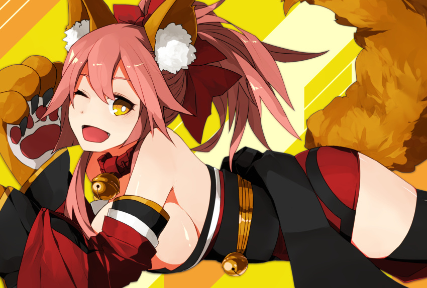 1girl animal_ear_fluff animal_ears bell bell_collar breasts cat_paws cleavage collar fangs fate/grand_order fate_(series) fox_ears fox_girl fox_tail gloves hair_ribbon highres jingle_bell large_breasts long_hair looking_at_viewer lying on_stomach one_eye_closed paw_gloves paws pink_hair red_ribbon ribbon solo tail tamamo_(fate)_(all) tamamo_cat_(fate) yellow_eyes yukiko_(yukkyu)