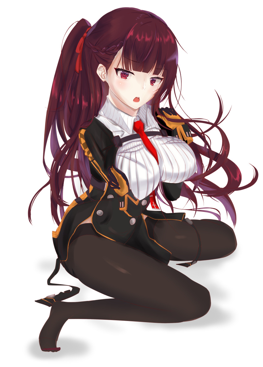 1girl absurdres bangs between_breasts black_legwear black_skirt blazer blush braid breasts collarbone eyebrows_visible_through_hair framed_breasts french_braid full_body girls_frontline gloves hair_ribbon half_updo hands_up high-waist_skirt highres inui_nakiru jacket large_breasts long_hair looking_at_viewer necktie necktie_between_breasts no_shoes one_side_up open_mouth pantyhose pelvic_curtain purple_hair red_eyes red_neckwear ribbon shirt sidelocks simple_background sitting skirt solo strap striped striped_shirt tsurime very_long_hair wa2000_(girls_frontline) wariza white_background white_shirt